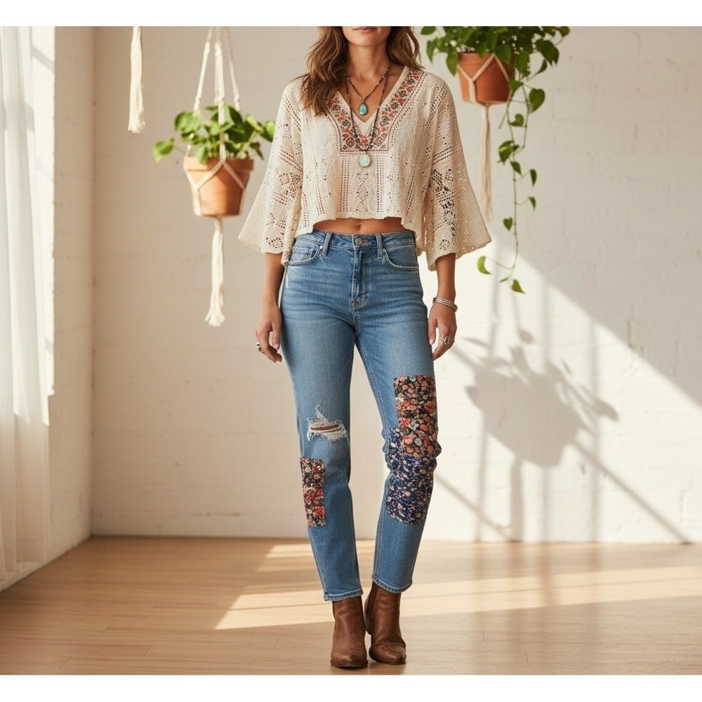 Vincente Patchwork Jeans Women's 6 Distressed Floral Boho Straight Leg Size‎ 2